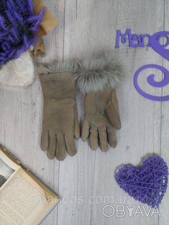 Женские зимние кожаные перчатки б/у, идеального качества. Цвет оливковый. Натура. . фото 1