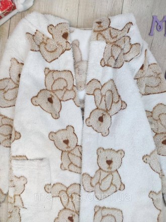 Теплый махровый халат б/у для девочки с принтом "Мишки" в коричнево-белом цвете.. . фото 3
