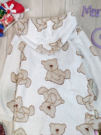 Теплый махровый халат б/у для девочки с принтом "Мишки" в коричнево-белом цвете.. . фото 6