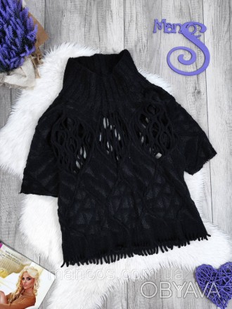 Женский теплый ажурный свитер с коротким рукавом черный Размер М (46)