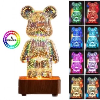 3D-нічник скляний з ефектом феєрверку у формі ведмедика RGB Bearbrick LED Світил. . фото 2