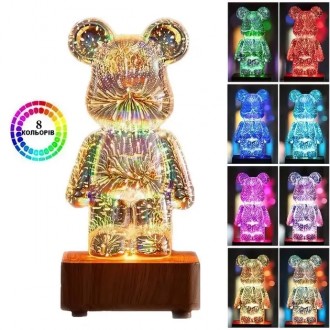 3D-нічник скляний з ефектом феєрверку у формі ведмедика RGB Bearbrick LED Світильник-лампа на 8 кольорів. Дніпро. фото 1