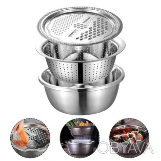 Многофункциональный кухонный набор из нержавеющей стали 3 в 1 Metal Basket Cutte. . фото 1