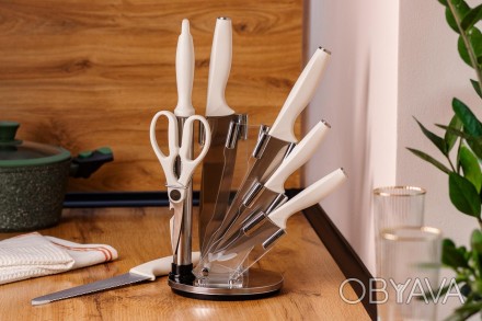 Набор кухонных ножей и ножницы на подставке 7 предметов Белый Универсальные ножи