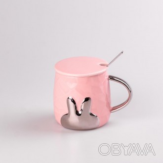 Розовая кружка для кофе и чая, из керамики 300 мл Rabbit, в комплекте с крышкой