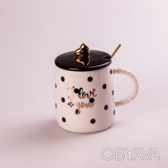 Кружка керамическая 400 мл Love с крышкой и ложкой Оригинальная чашка для кофе,
