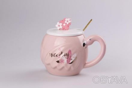 Оригинальная керамическая чашка 500 мл с крышкой и ложкой Nice day Фламинго Круж