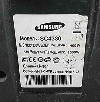 Пылесос Samsung SC4330 максимальная мощность: 1600 Вт; мощность всасывания: 350 . . фото 2