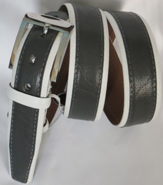 Ремень классический брючный кожаный Mykhail Ikhtyar 3537 серый/белый ДхШ: 118х3,. . фото 3