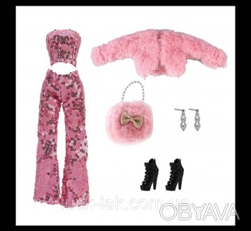 Кукольный костюм со штанами и топом в золотых розовых паетках для куклы Барби, ш. . фото 1