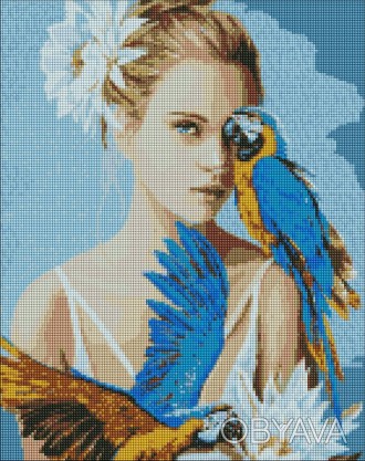 Набір з алмазною мозаїкою "Дівчина з блакитними папугами ©Ira Volkova" 40х50см Р. . фото 1
