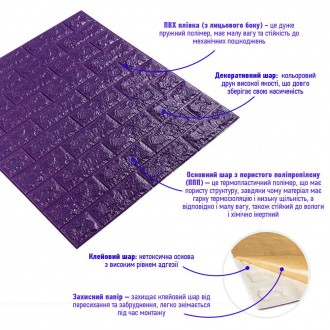 Декоративна 3D панель самоклейка під цеглу Фіолетовий 700х770х7мм (016-7)
Декора. . фото 3