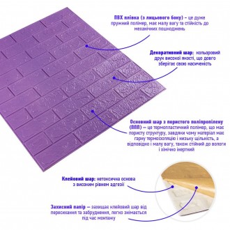 Декоративна 3D панель самоклейка під цеглу Пурпурний 700х770х3мм (014-3)
Декорат. . фото 3