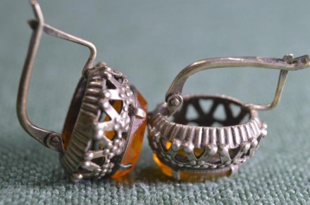 Серьги, сережки серебряные. Оранжевый прозрачный камень. Серебро 875 пробы, звез. . фото 3
