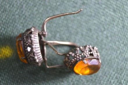 Серьги, сережки серебряные. Оранжевый прозрачный камень. Серебро 875 пробы, звез. . фото 5