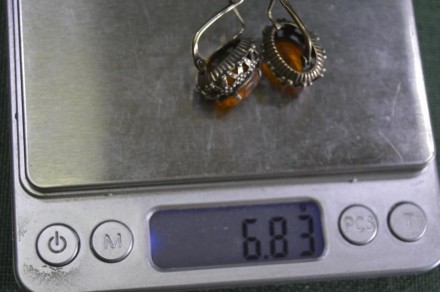 Серьги, сережки серебряные. Оранжевый прозрачный камень. Серебро 875 пробы, звез. . фото 7