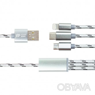 Кабель PowerPlant 2.1A 3-в-1 USB AM - Type-C/Lightning/Micro, 1.2м, сірий викори. . фото 1