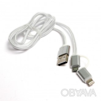 Кабель PowerPlant Quick Charge 2A 2-в-1 cotton USB 2.0 AM - Lightning/Micro 1м s. . фото 1