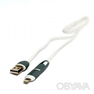 Кабель PowerPlant Quick Charge 2A 2-в-1 flat USB 2.0 AM - Lightning/Micro 1м whi. . фото 1