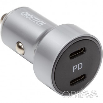 
Компактний автомобільний зарядний пристрій із двома роз'ємами USB типу C, потуж. . фото 1