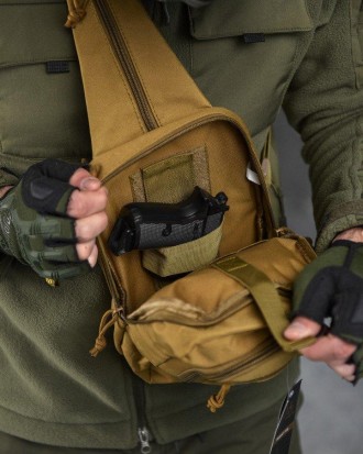 Тактическая сумка через плечо нагрудная сумка однолямочная военная койот нейлоно. . фото 9