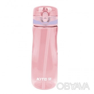 Пляшка для води Kite 600мл з трубочкою, рожева. . фото 1