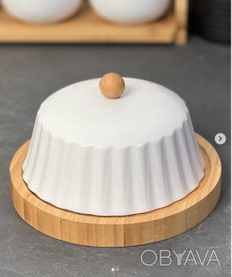 Бамбукова тарілка з порцеляновою кришкою. . фото 1