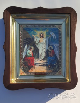 Ікона Воскресіння Христового в дерев’яному фігурному кіоті зі ставною  пла. . фото 1