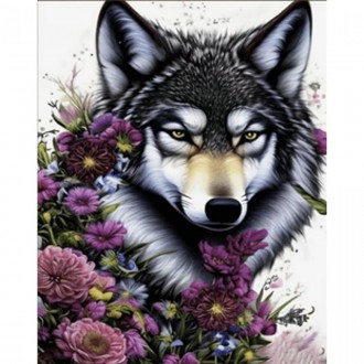 Набір для творчості алмазна вишивка картина мозаїка Вовк у квіточках розміром 30. . фото 3