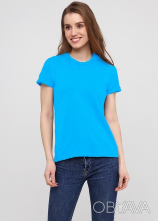 Женская футболка голубого цвета 19Ж441-24. Однотонная хлопковая с круглым вырезо. . фото 1