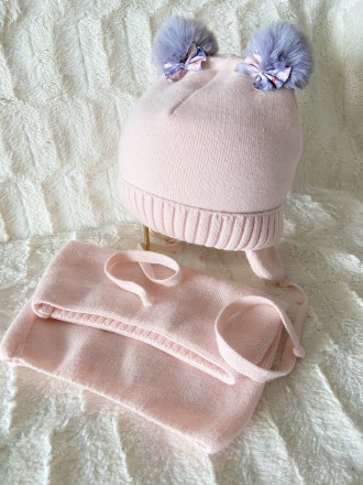 Красивый нежный детский комплект - шапочка + шарфик-баффик персикового цвета. Ша. . фото 4