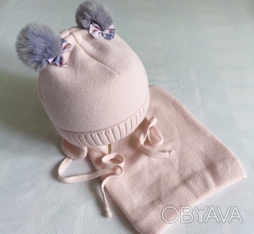 Красивый нежный детский комплект - шапочка + шарфик-баффик персикового цвета. Ша. . фото 1