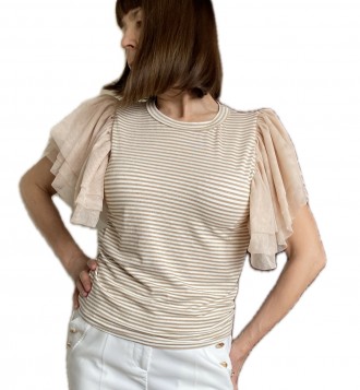 
Жіноча бежева бавовняна блузка в дрібну смужку з мерехтливими люрексовими доміш. . фото 2