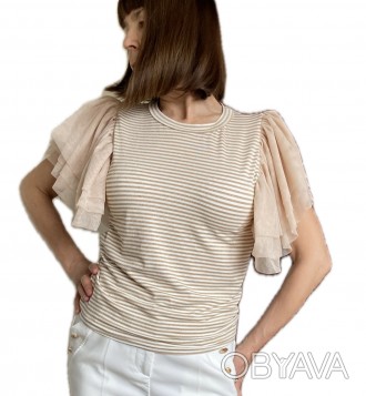 
Жіноча бежева бавовняна блузка в дрібну смужку з мерехтливими люрексовими доміш. . фото 1