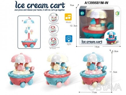 Заводная игрушка HY-728 (144шт) тележка с мороженым, 12см,ездит,3 цвета, в кор-к. . фото 1