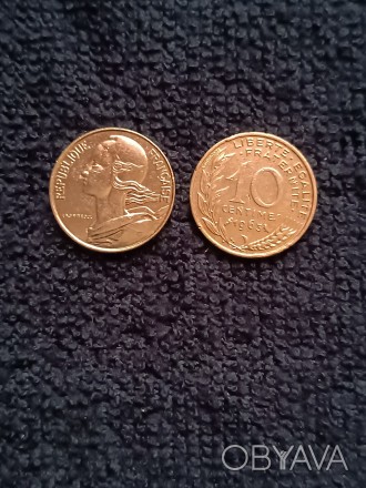 Монети Франції номіналом 10 сантимів 1963,1981рр ціна лоту 20грн, 1-2 франки 197. . фото 1
