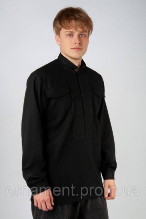 Чоловіча вишита сорочка з довгим рукавом у стилі "Мілітарі" виготовлена з лляног. . фото 4