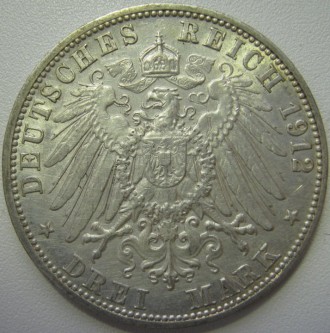Германия / Баден 3 марки 1912 G великий герцог Фридрих II / орёл с короной и щит. . фото 3