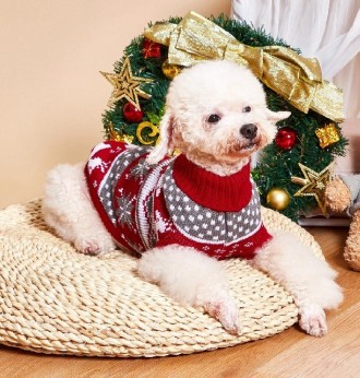 Вязаный свитер для собак Рождество. Свитерок хорошо тянется, теплый, есть лямки . . фото 3