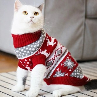 Вязаный свитер для котов (кошек) Рождество. Свитерок хорошо тянется, теплый, ест. . фото 2