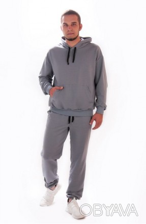 Мужской демисезонный прогулочный спортивный костюм серый однотонный (худи + штан. . фото 1