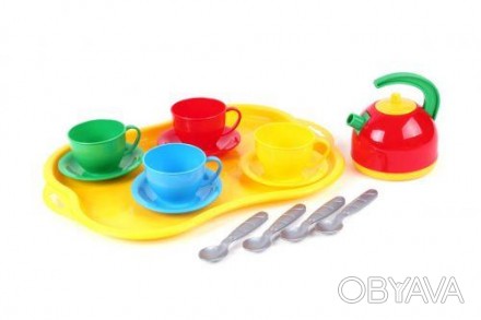 Яркий набор пластиковой посудки. В комплекте: поднос (32 х 22,5 см), чайничек с . . фото 1