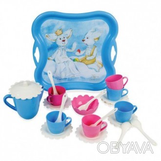 Красивый пластиковый дизайнерский набор для чаепития, нежных цветов (голубой и р. . фото 1