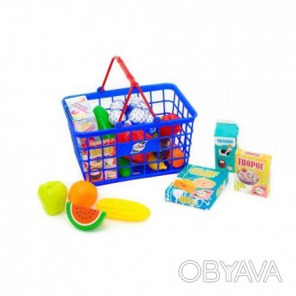 Набір різних яскравих продуктів "Супермаркет" в пластиковій кошику з ручками. В . . фото 1