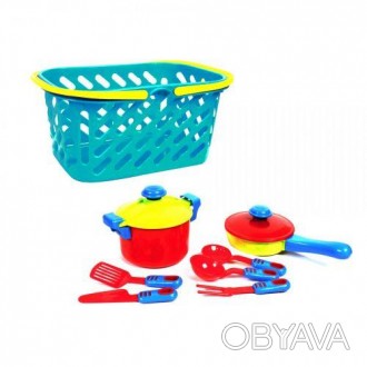 Посуда игрушечная в корзинке. Состоит из 7 предметов: кастрюля, сковородка, ложк. . фото 1