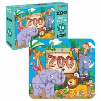 Развивающий пазл "Зоопарк" состоит из 16 элементов. Прекрасно подходит для детей. . фото 1