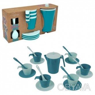 Яркий кофейный набор из полипропилна. В комплекте: 6 чашек, 6 ложечек и кофейник. . фото 1