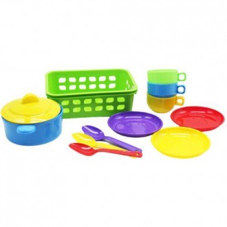 Пластиковий кошик з набором яскравого посуду: 3 тарілочки, 3 ложечки, 3 чашки та. . фото 2