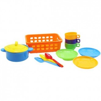 Пластиковий кошик з набором яскравого посуду: 3 тарілочки, 3 ложечки, 3 чашки та. . фото 3