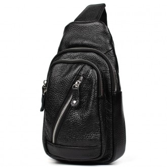 Нагрудна сумка шкіряна слінг рюкзак на одне плече Limary lim-6510 із чорної шкір. . фото 2